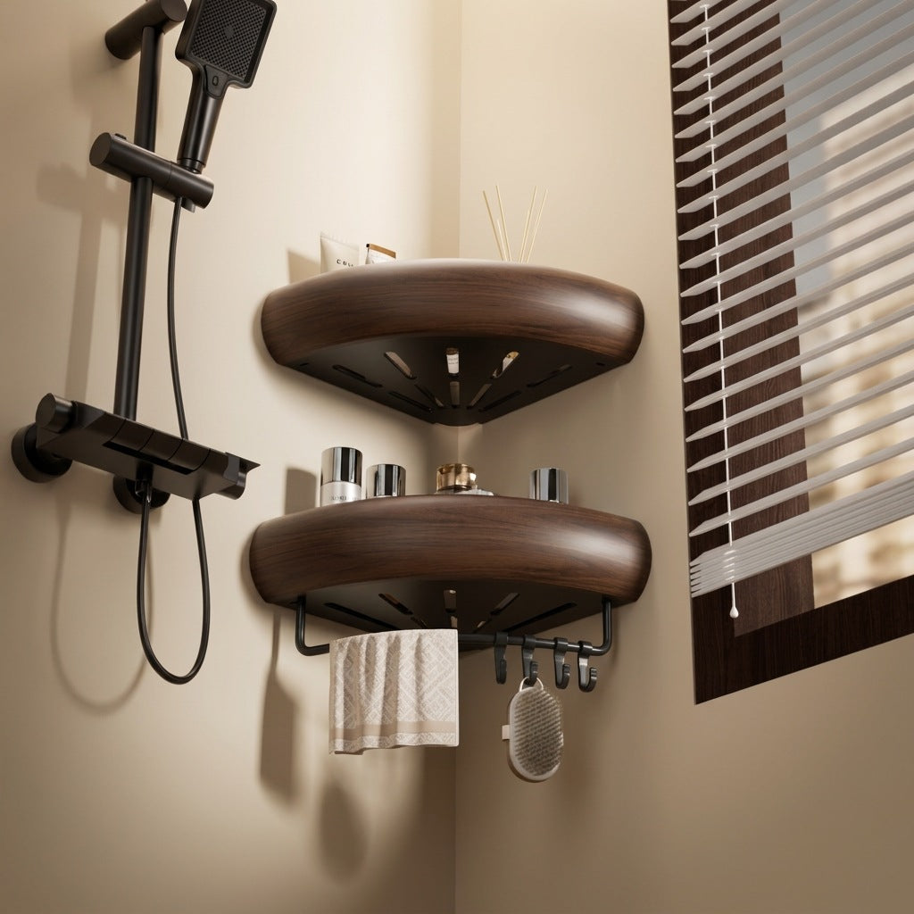 Wall-Mounted Bathroom Storage Shelf with Towel Bar & Hooks