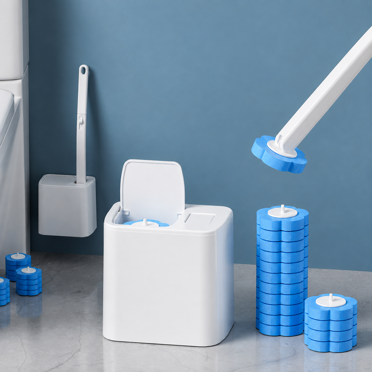 Disposable Toilet Brush with Replaceable Cleaning Heads