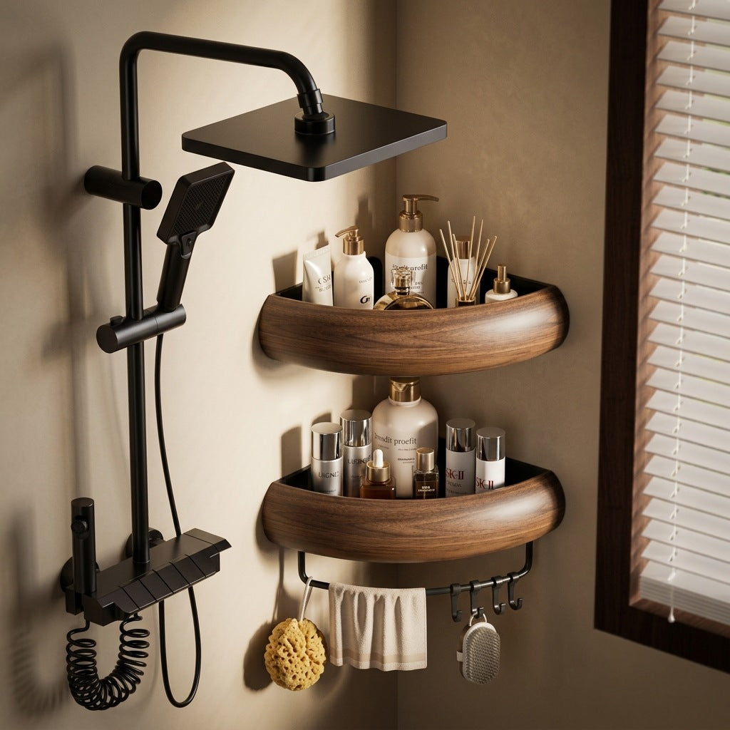 Wall-Mounted Bathroom Storage Shelf with Towel Bar & Hooks