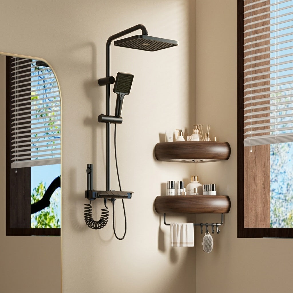 Wall-Mounted Bathroom Storage Shelf with Towel Bar & Hooks